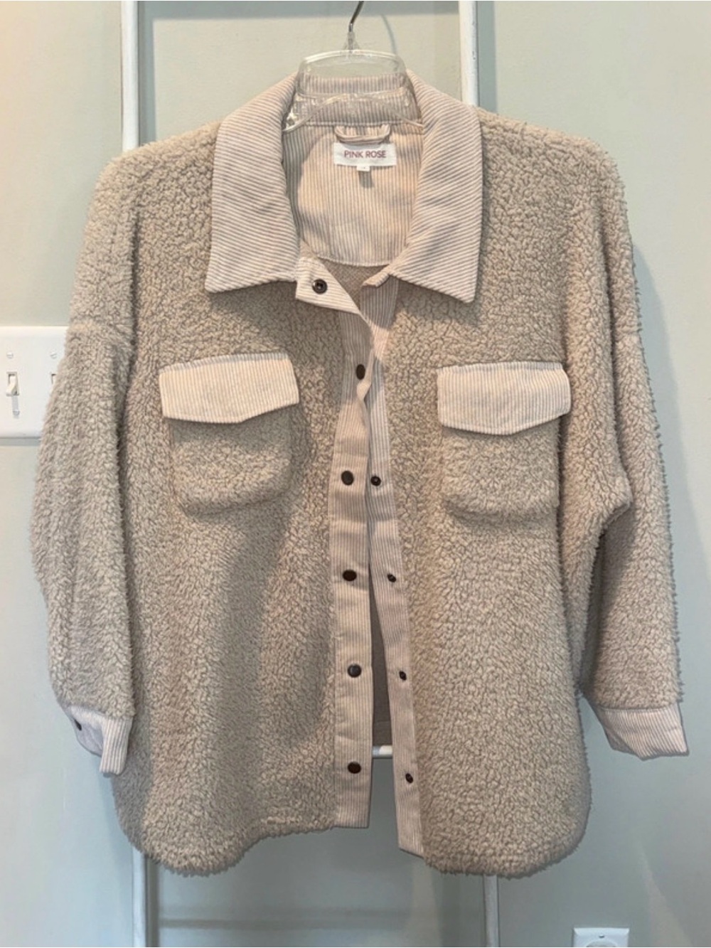 Pink Rose Cream Teddy Sherpa Shacket with Corduroy Trim